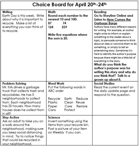 Weekly Choice Board April 20th 24th Morris Elementary Third Grade