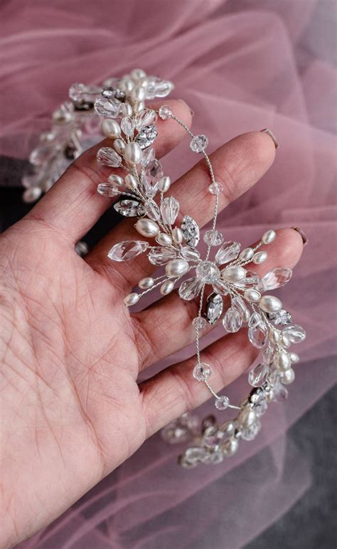Bridal Ivory Pearl Headband Boho Wedding Hair Vine Long White Hair