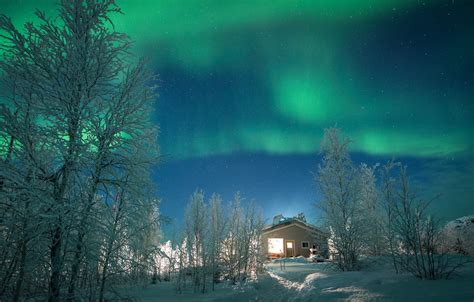 Wallpaper Lights House Canada Night Winter Snow Northern Lights