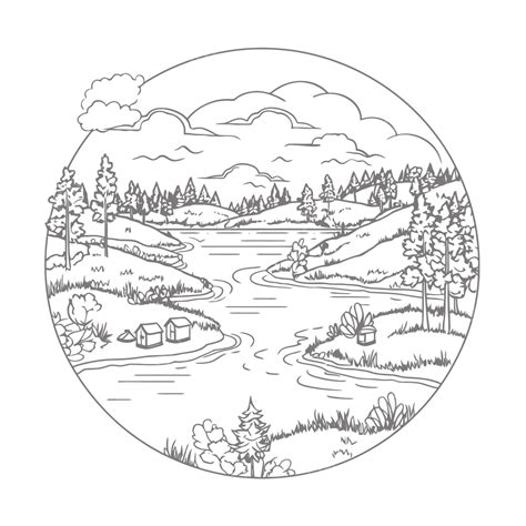Coloring Pages Lake And Forest Outline Sketch Drawing Vector Forest