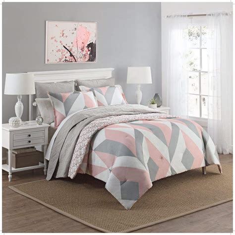 3pc Girls Light Pink Grey White Geometric Polkadot Theme Comforter