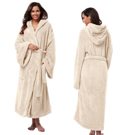 Womens Hooded Thick Robes Soft Coral Fleece Warm Long Bathrobe Plush