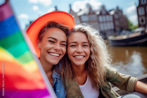 international generative ai lesbian couple in a boat in amsterdam celebrating lgbtq pride with