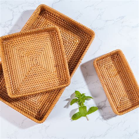 Vintage Rattan Serving Tray Decorative Food Tray Set Of 3 China