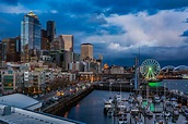 Waterfront, downtown Seattle. The marina and Great Wheel are visible ...
