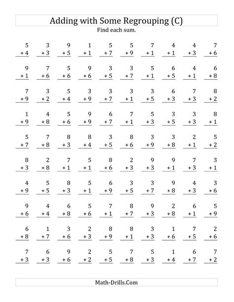 The 100 Single Digit Addition Questions With Some Regrouping C Math