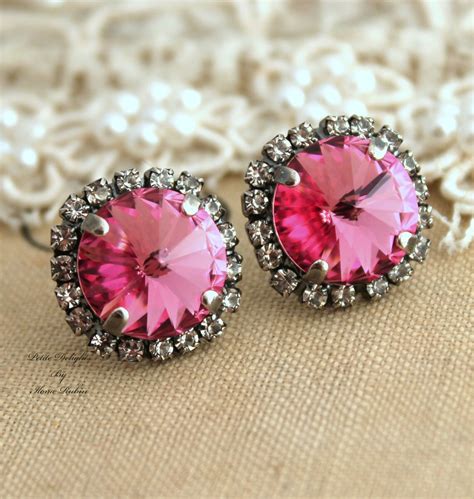 Pink Earrings Hot Pink Crystal Earrings Gift For Woman Etsy