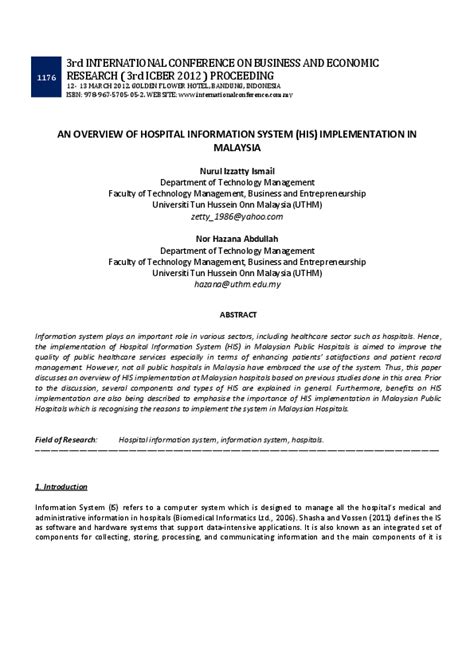 Studies related to healthcare ict integration in malaysia are relatively little, thus this paper provide a literature review of the integration of information and communication technologies (ict) in the healthcare sector in malaysia through the hospital information system (his). (PDF) AN OVERVIEW OF HOSPITAL INFORMATION SYSTEM (HIS ...