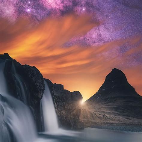 Waterfall Glowing Sky Stars Mountains 5k Ipad Air Wallpapers Free Download