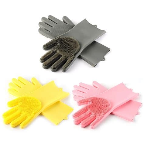buy hot sale 1 pair silicone dish washing scrubbing gloves for kitchen bathroom