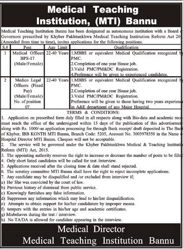 Positions Announced In Medical Teaching Institution Bannu 2023 Job