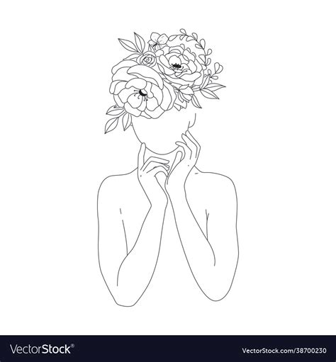 Minimal Line Drawing Woman Flower Images Vector Image