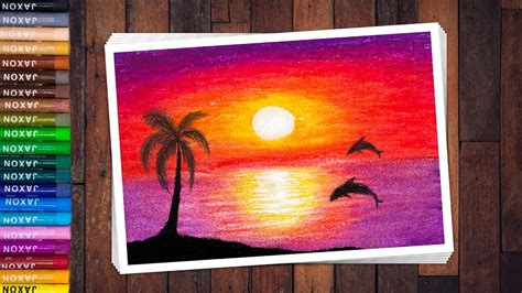 How To Draw A Sunset Scenery With Jumping Dolphins With Oil Pastels For