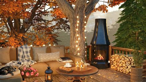 Autumn Cozy Ambience On Treehouse Porch With Falling Leaves Birdsong