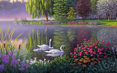 Landscape Swan Lake Trees Flowers Art Wallpaper Hd