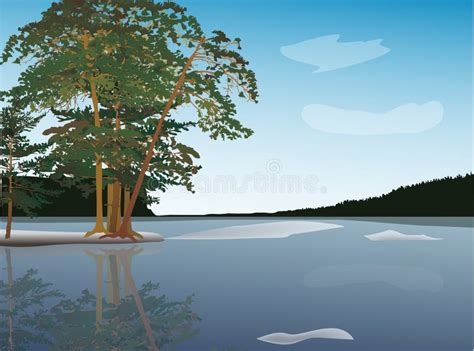 Pine Trees Near Frozen Lake Illustration Stock Vector Illustration Of