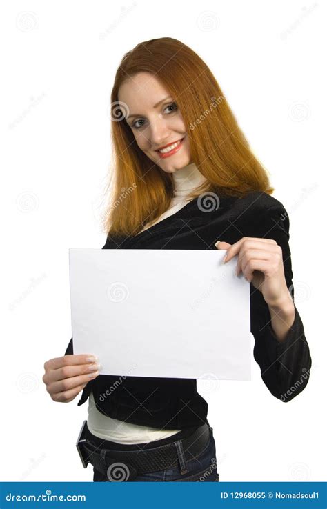 Attractive Smiling Woman Holding Sign Stock Image Image Of Advertisement Beauty