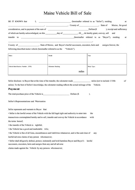 Fillable Maine Vehicle Bill Of Sale Printable Pdf Download