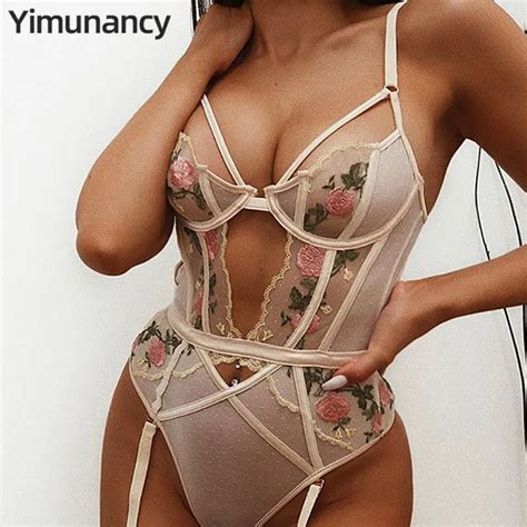 yimunancy floral embrodiery sexy bodysuit women skinny teddies bodysuit 2020 ladies mesh