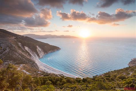 Sunset Over Famous Myrtos Beach Kefalonia Greek Islands Greece