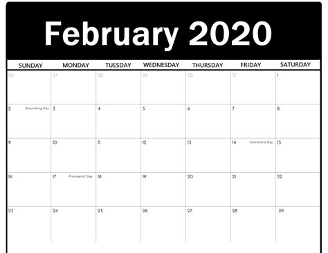Free Printable February 2020 Calendar Editable Template February