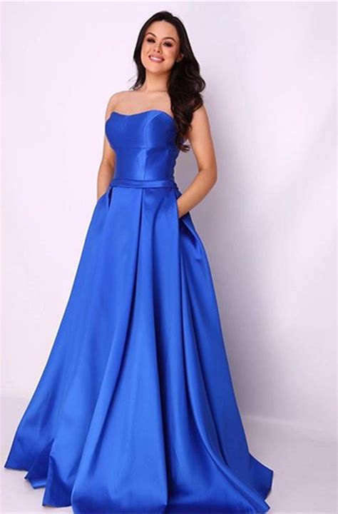 Royal Blue Satin Prom Dress Strapless Floor Length Royal Blue Satin