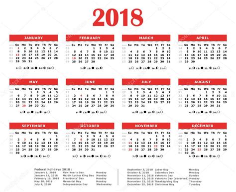 2018 Red Yearly Calendar Federal Holidays Moon And Numbers Of Weeks
