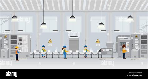 Factory Production Line With Worker Work With Machine And Conveyor Belt Flat Design Vector