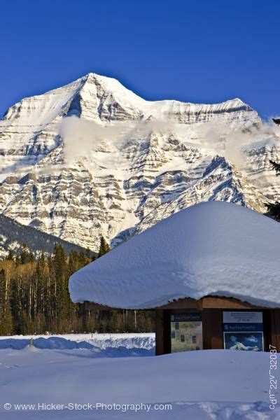 Snow Capped Mount Robson Against Blue Sky In Mount Robson Provincial