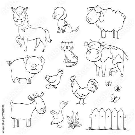 Coloring Page With Cartoon Set Of Farm Animals Isolated On White