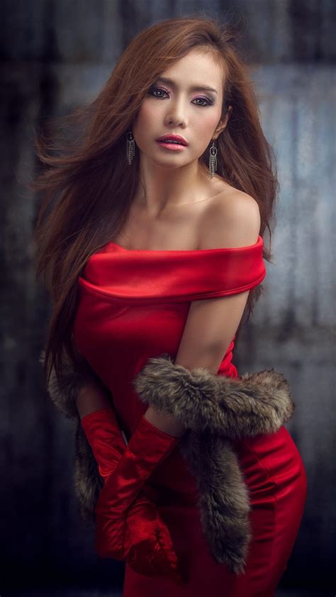 cuty asian bonito brown hair cute fashion girl pretty red red dress hd phone wallpaper