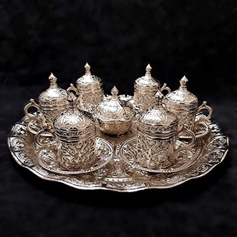Ottoman Turkish Silver Brass Tea Coffee Saucers Cups Tray Set Of