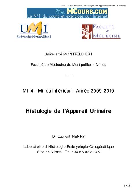 SOLUTION Histologie Appareil Urinaire Studypool