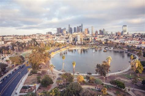 Stunning Aerial View Of Macarthur Park And Downtown Los Angeles Stock