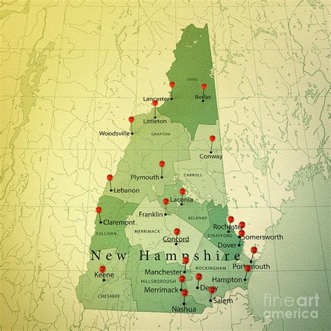 New Hampshire Map Square Cities Straight Pin Vintage Digital Art By