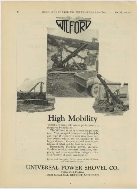 1926 Universal Power Shovel Ad Wilford Model Pictured Fordson