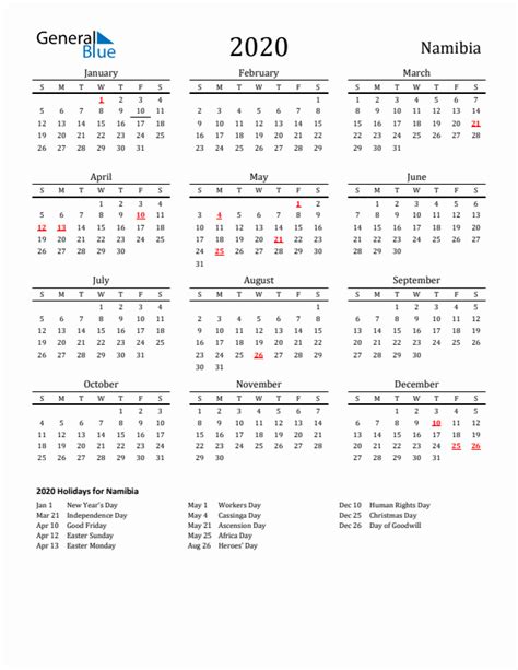 2020 Namibia Calendar With Holidays