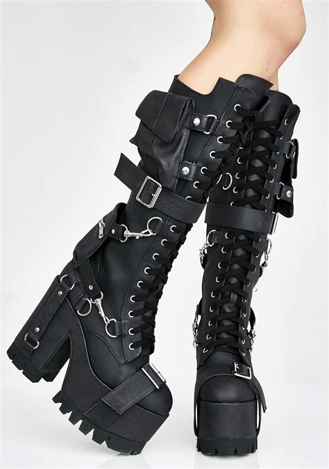 club exx black knee high platform buckled boots goth boots gothic shoes knee high combat boots