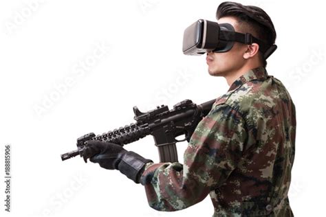 The Isolated Image Of The Soldier Use A Vr Glasses For Combat