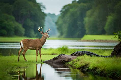 A Deer And Alligator In The Water Ai Generated 32247583 Stock Photo At