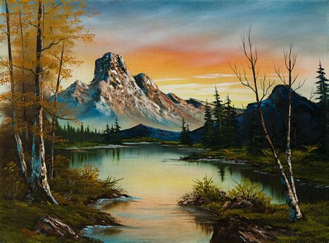 Sunset Mountain Lake Original Painting Painting Art And Collectibles