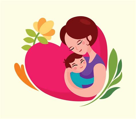 Happy Mothers Day Cartoon Mom Holding Kid With Heart Shape And Flower