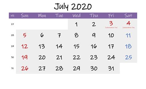 Editable July 2020 Calendar Pdf Monthly Calendar Template Calendar