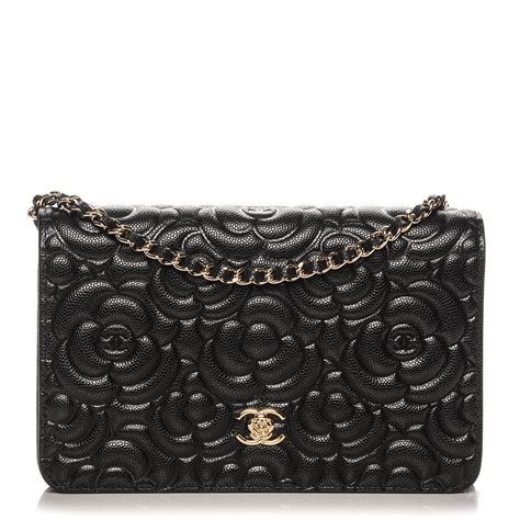 Chanel Caviar Camellia Embossed Wallet On Chain Woc Black 192256