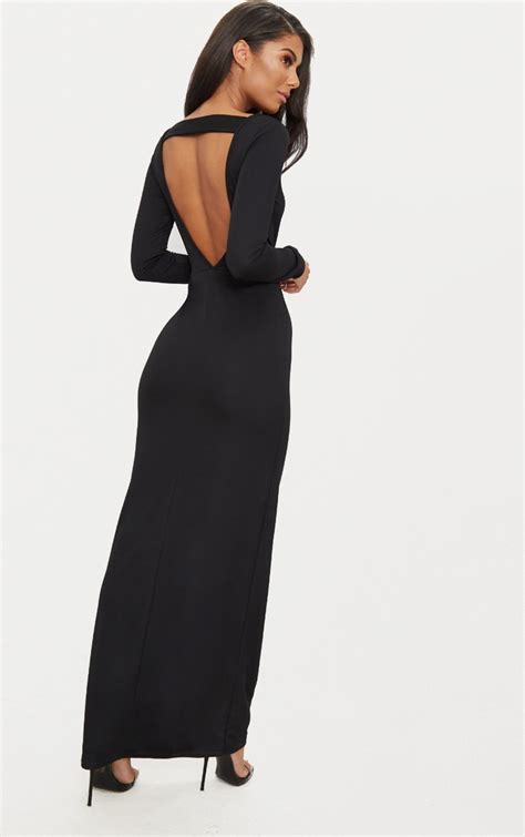 Black Backless Strap Detail Long Sleeve Maxi Dress Prettylittlething