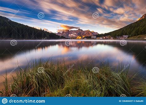 Misurina Lake On Dolomites Italian Alps Seen At Sunrise