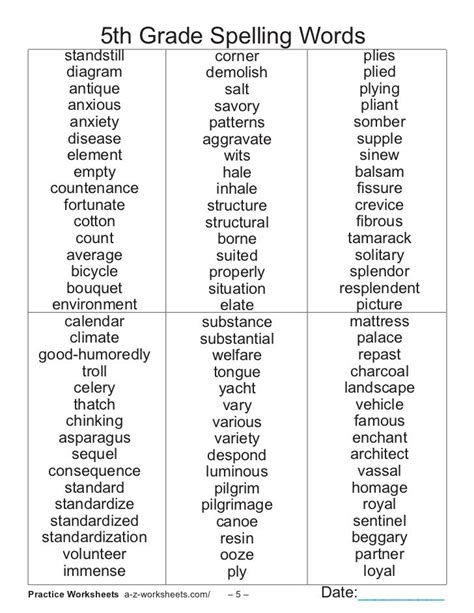 List Of 5th Grade Spelling Words