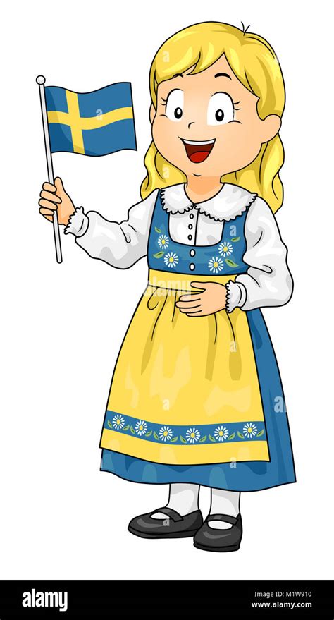 Ilustración De Un Chico Chica Vistiendo El Traje Nacional De Suecia Y Sosteniendo Una Bandera