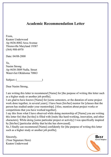 Academic Recommendation Letter Template Database Letter Templates