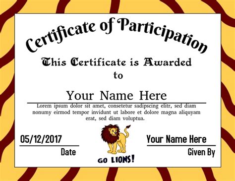 Certificate Of Participation Lions Template Postermywall